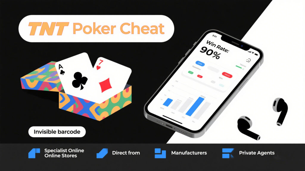 Analyzátor pokeru pro chytré telefony od TNT Poker Cheat zobrazující míru výher 90%, spárovaný s kartami označenými neviditelným čárovým kódem a Bluetooth sluchátkem