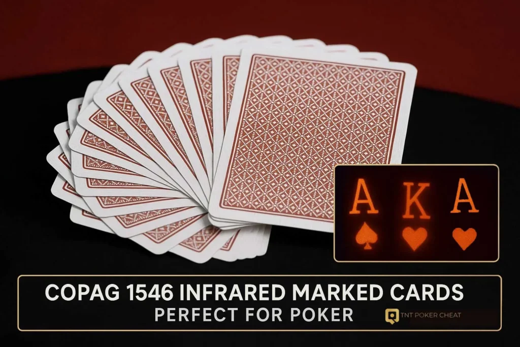 Copag 1546 infrared marked cards on poker table, showing invisible ink markings under infrared light.