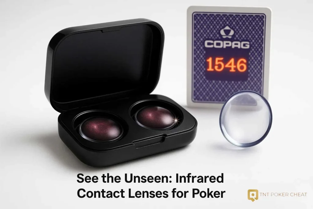 Infrared contact lenses in a sleek case, revealing invisible markings on Copag marked cards for poker.