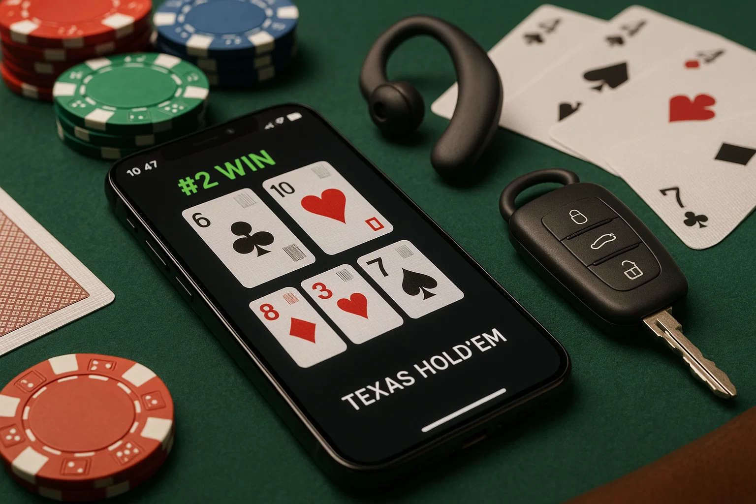 Pokerový analyzátor maskovaný jako chytrý telefon na stole Texas Hold'em s kartami označenými čárovým kódem a Bluetooth sluchátkem, představující high-tech pokerové podvádění pro rok 2025