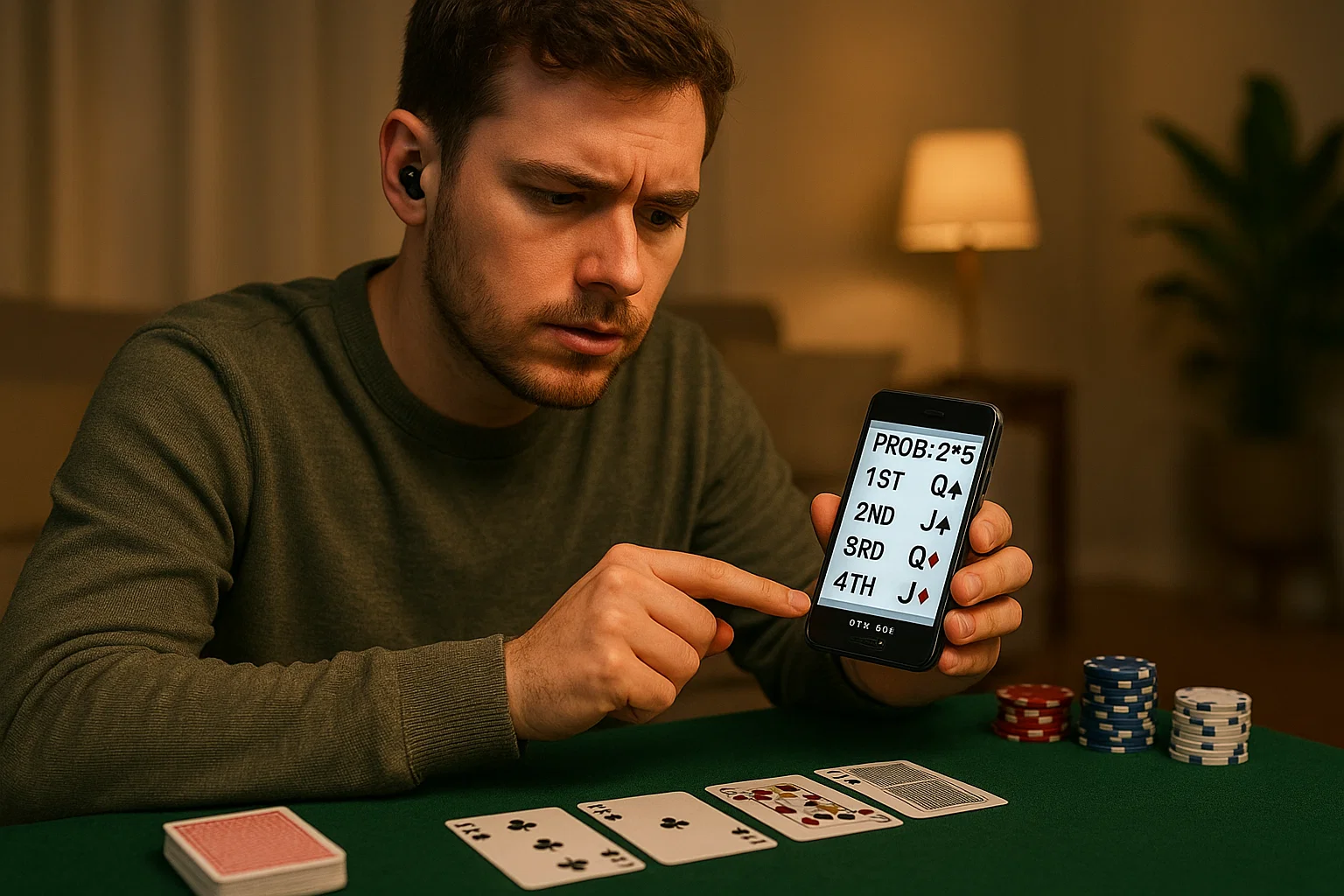 Beginner poker player using a poker analyzer in a home game, scanning barcode marked cards discreetly