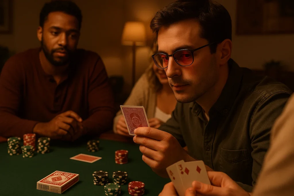 Jucător de poker folosind cărți marcate într-un cadru de joc privat.