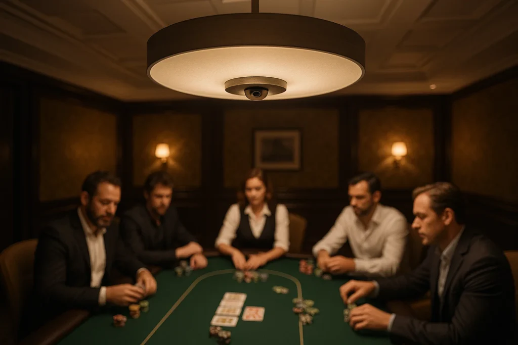 Pokerová herna v kasinu se stropní lampou, která ukrývá kameru pro diskrétní skenování karet.