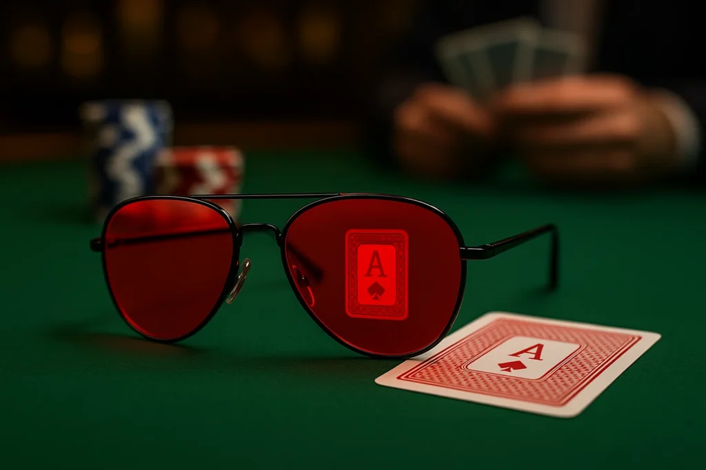 Close-up of stylish poker glasses on a poker table with marked playing cards in the background