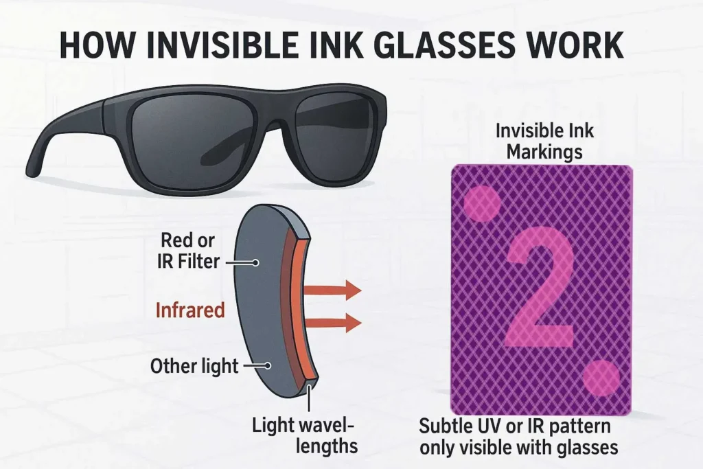 Infográfico ilustrando a tecnologia de óculos de tinta invisível, mostrando uma lente com filtro infravermelho revelando marcações ocultas em uma carta de pôquer.