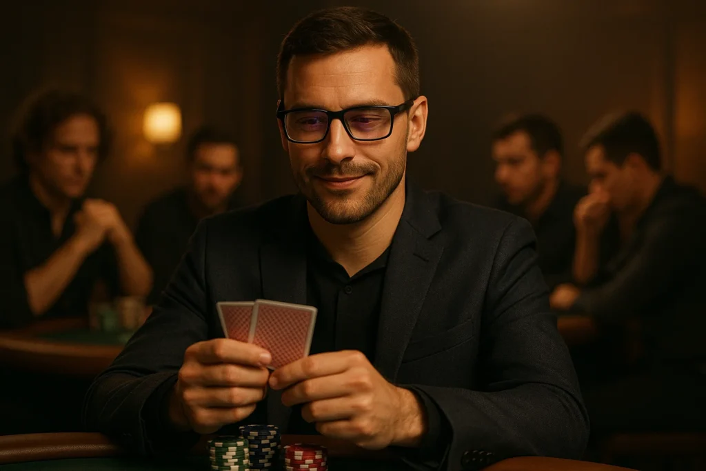 Un joueur utilise discrètement des lunettes de soleil à encre invisible pendant une partie de poker pour lire les cartes marquées.