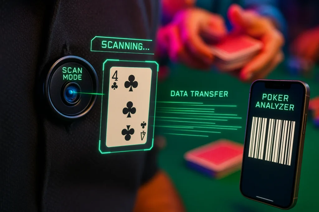 T-shirt button poker scanner camera scanning moving barcode marked cards during a poker game