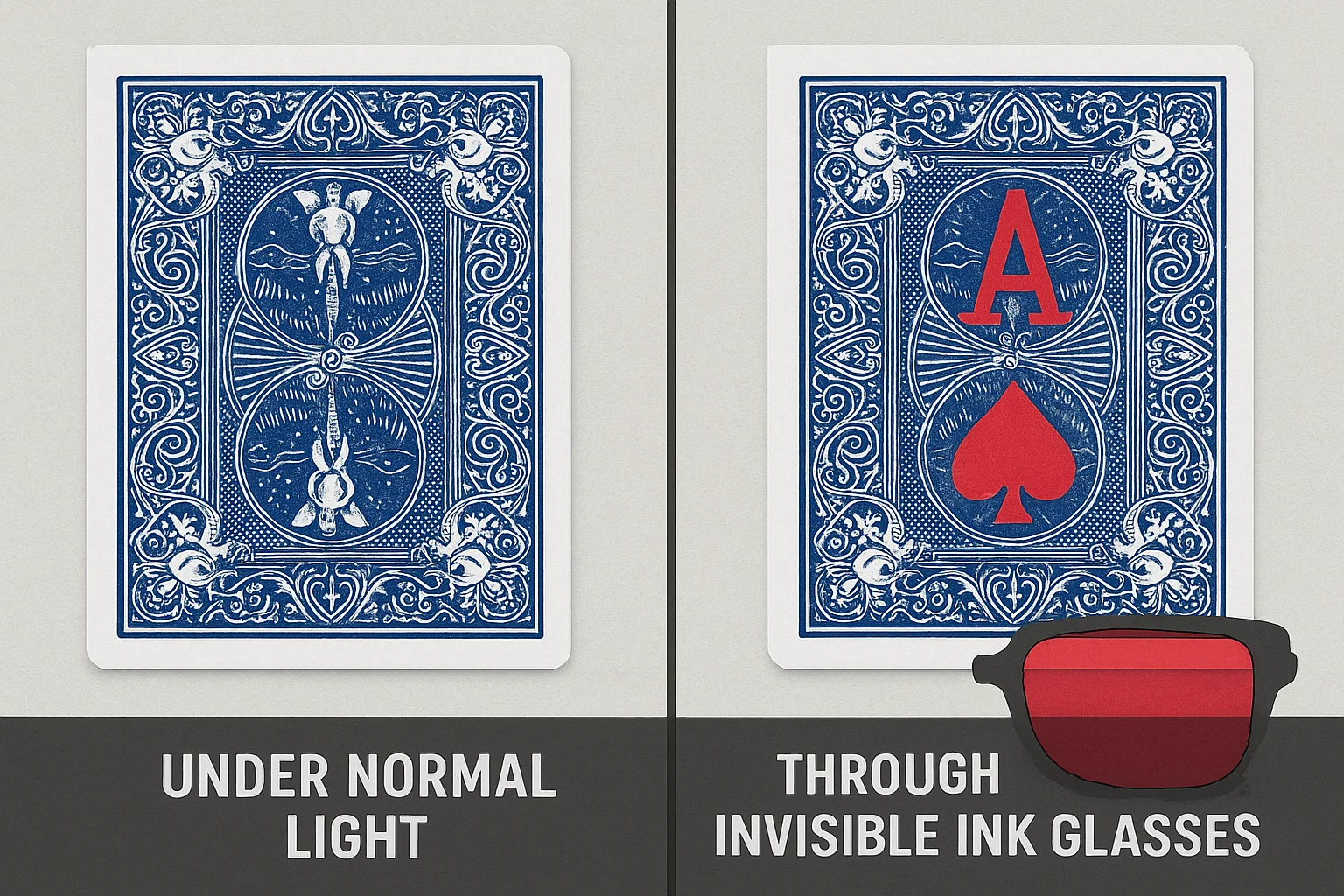Imagem dividida mostrando uma carta marcada sob luz normal e através de óculos de tinta invisível, revelando naipe e valor ocultos.