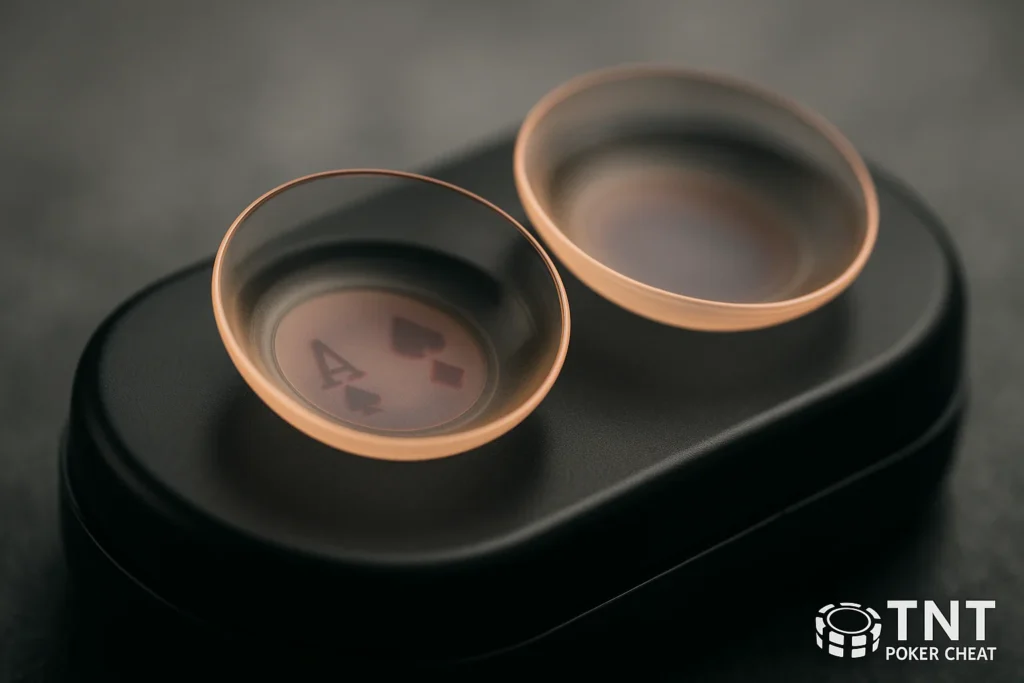 Close-up of infrared contact lenses for reading invisible ink cards