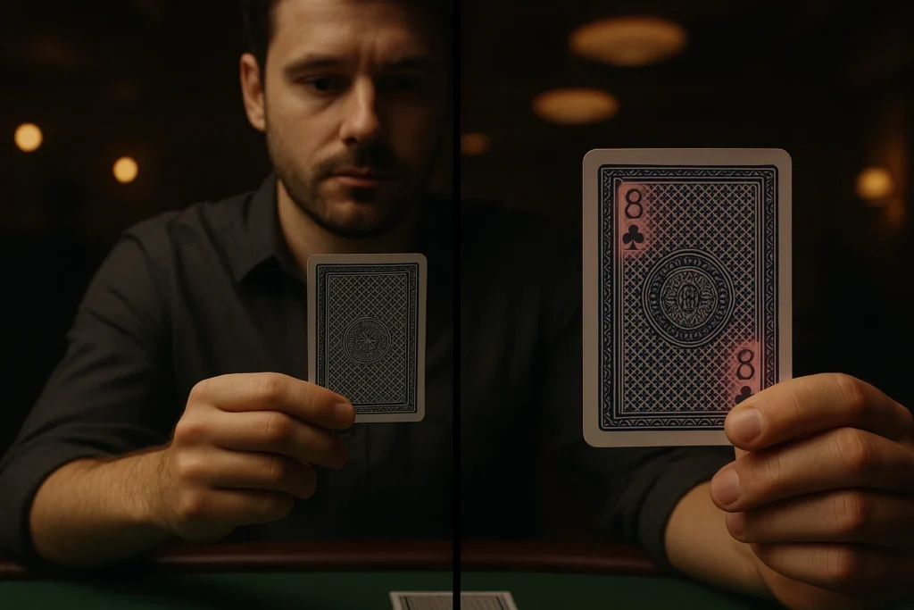 Écran partagé montrant des lentilles de contact infrarouges révélant des marques d'encre invisibles sur une carte à jouer marquée dans un jeu de poker.
