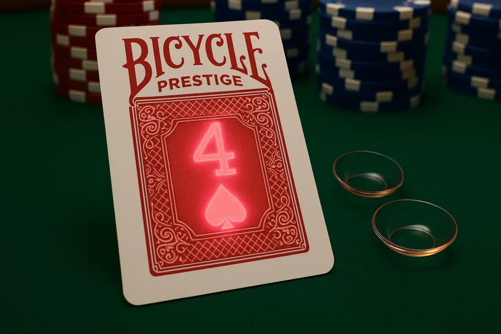 Bicycle Prestige infrared marked cards on a poker table with infrared contact lenses