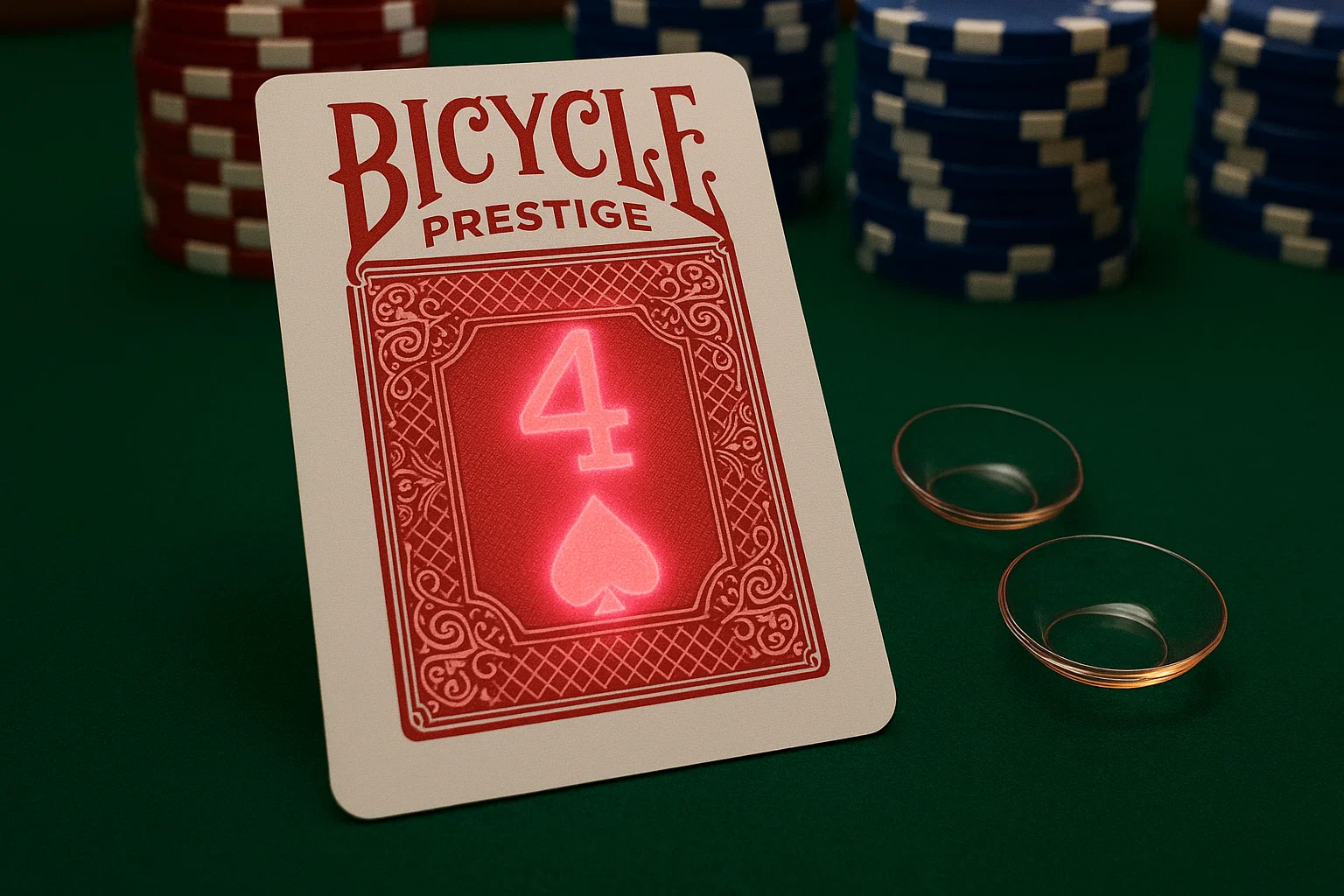 적외선 콘택트 렌즈가 장착된 포커 테이블 위에 있는 Bicycle Prestige 적외선 표시 카드