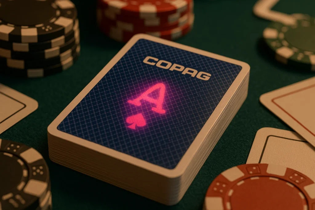 Gros plan d'une carte à jouer Copag marquée par infrarouge sur une table de poker, montrant des marques d'encre invisibles visibles à travers des lentilles de contact infrarouges.