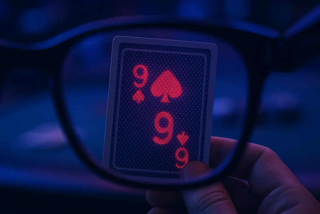 Vedere de aproape prin lentile invizibile cu cerneală, care arată marcaje ascunse pe o carte de joc marcată, demonstrând eficacitatea lor în poker.