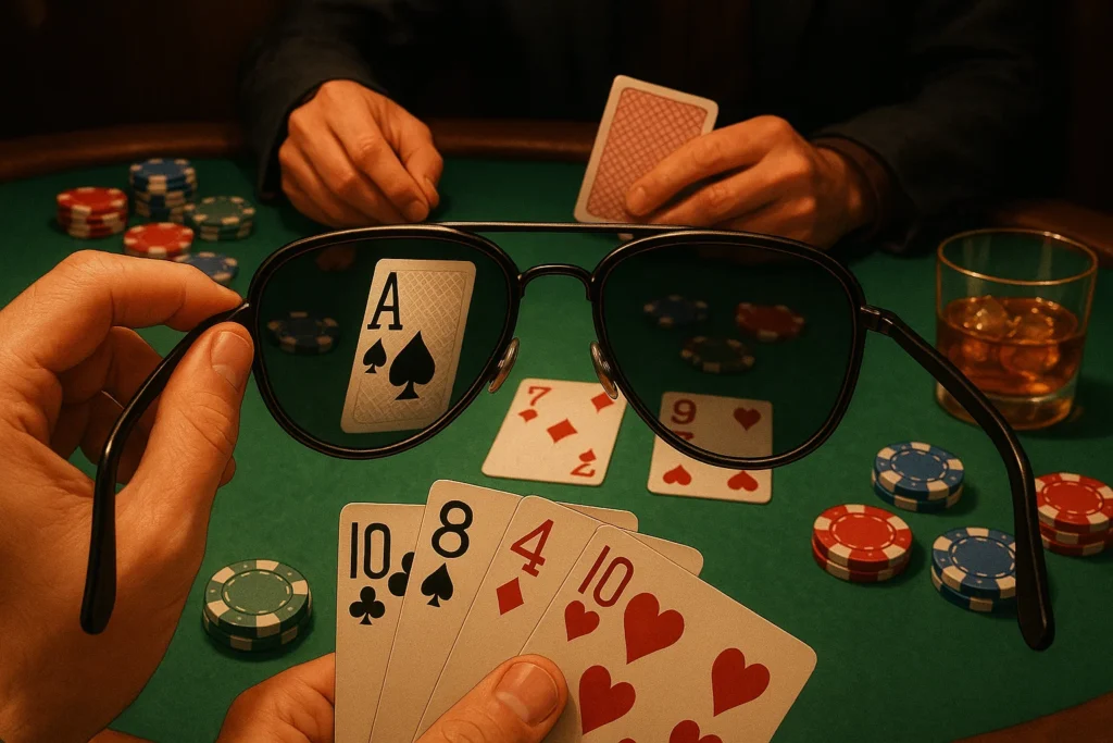 Jogador de pôquer usando óculos com tinta invisível, com uma inserção mostrando marcas ocultas nas cartas reveladas durante o jogo.