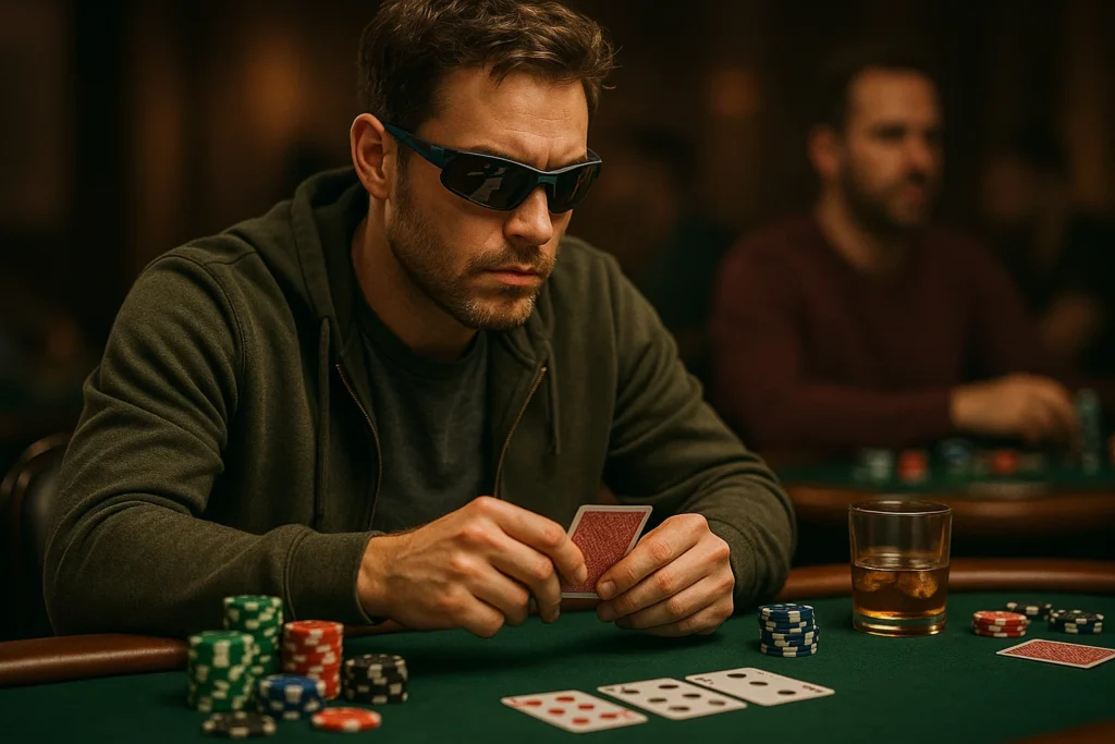 Poker player wearing infrared glasses during a game, reading marked cards
