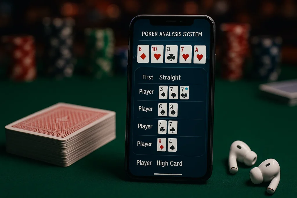 Smartphone poker analyzer system displaying Texas Holdem game results with barcode marked cards