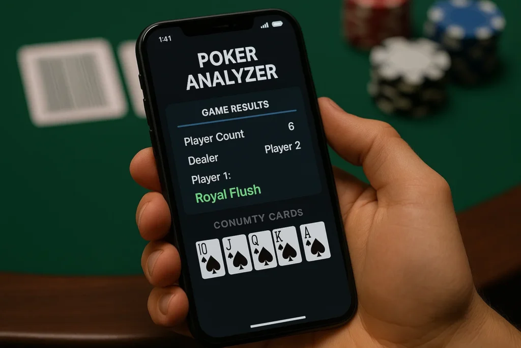 Um smartphone analisador de pôquer exibindo resultados de jogos de uma câmera de escaneamento de pôquer, usado para trapaças no Texas Hold'em.