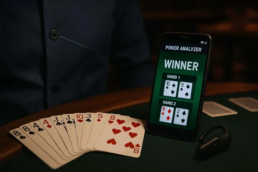 A discreet car key poker scanner on a casino poker table, designed to read barcode marked cards during an Omaha game without detection.