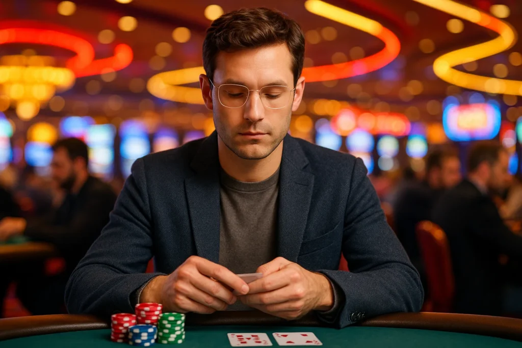 明るいカジノで目に見えないインクの眼鏡をかけたポーカー プレイヤーが、マークされたカードを読む際のステルス性とパフォーマンスを披露しています。