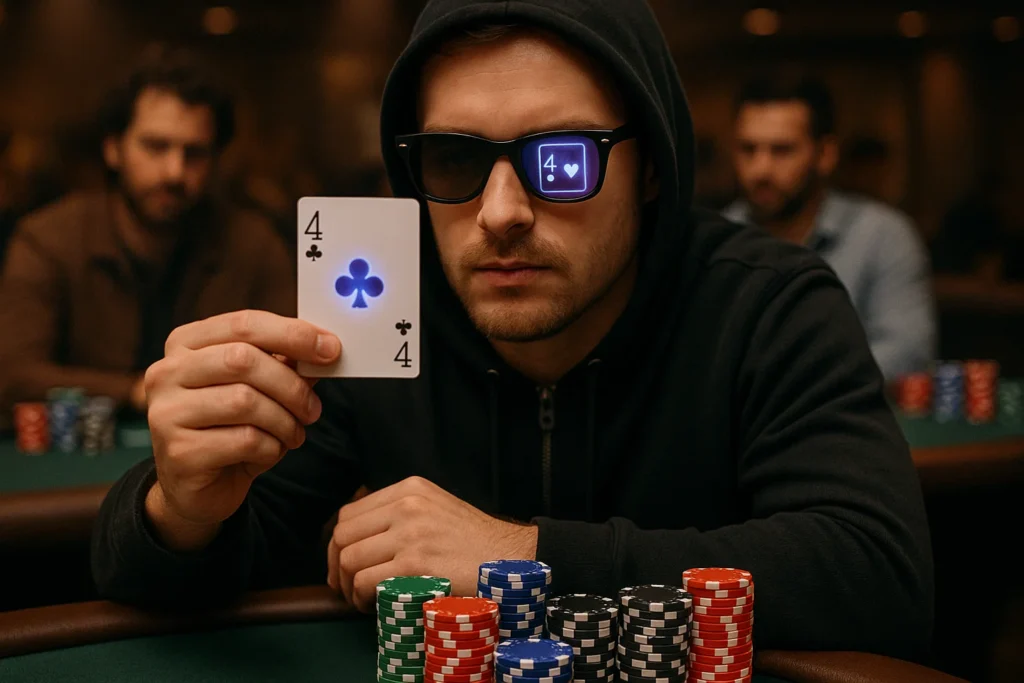 Jucător de poker purtând ochelari discreți cu cerneală invizibili în timpul unui joc de Texas Hold'em, citind cărțile marcate pentru un avantaj strategic.
