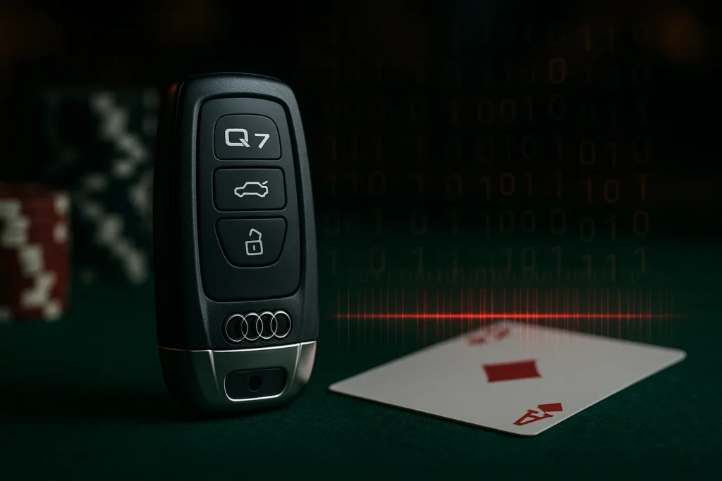 Audi Q7 car key with hidden poker scanner camera scanning barcode marked cards on a poker table