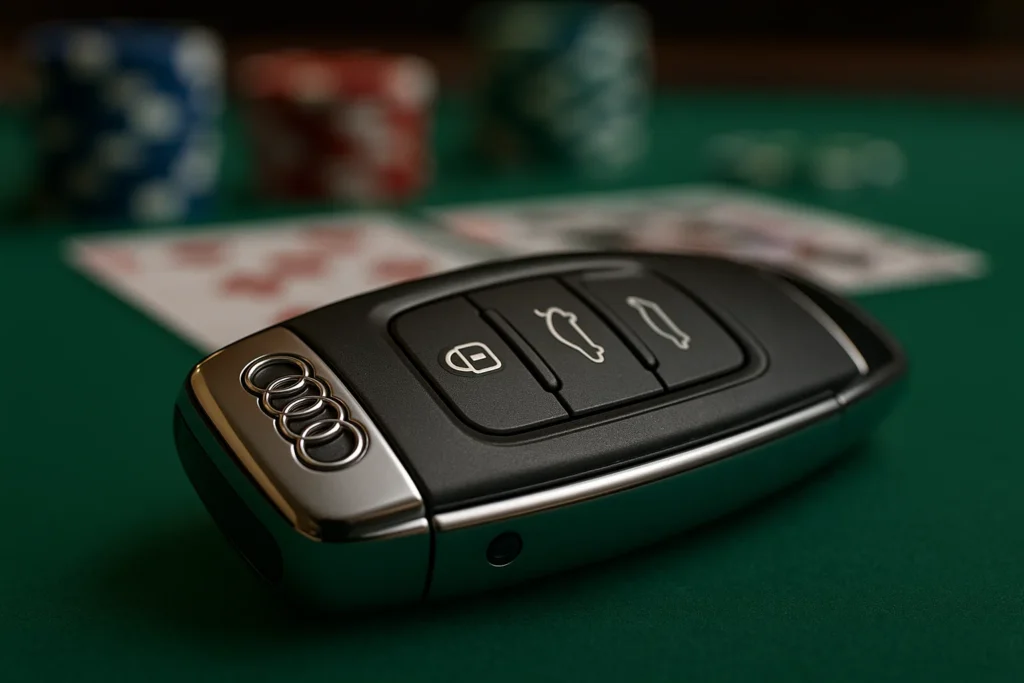 Uma elegante chave de carro Audi Q7 com uma câmera de leitura de pôquer escondida para ler cartas marcadas com código de barras em jogos de Texas Hold'em.