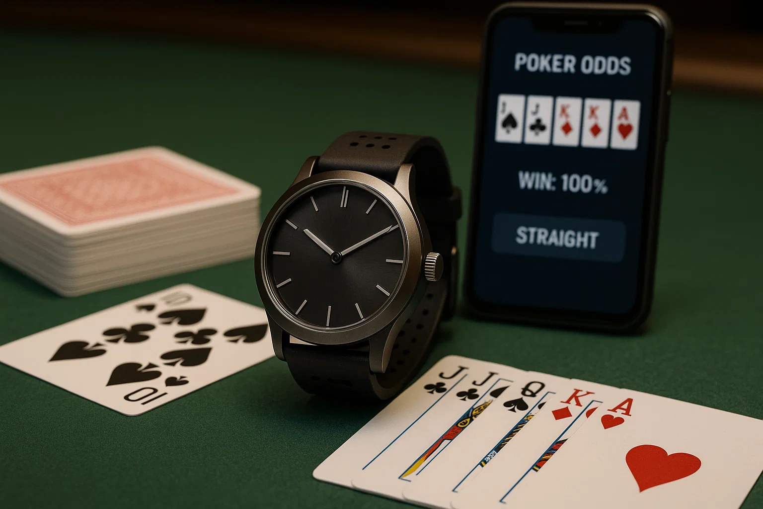 Prim-plan al unei camere de scanare a pokerului deghizate în ceas de mână pe o masă de poker, cu cărți marcate cu coduri de bare și un analizor de poker care afișează rezultatele Texas Hold'em.