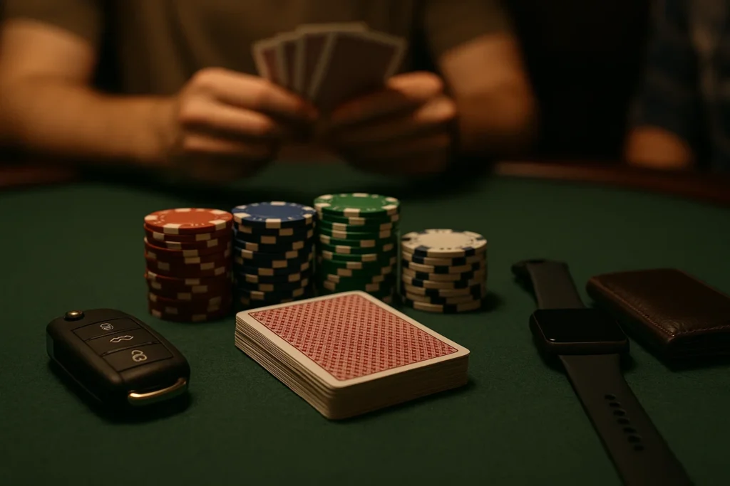 Pokerový stůl s klíči od auta, chytrými hodinkami a peněženkou, ideální pro skrytí pokerových skenovacích kamer během živé hry.