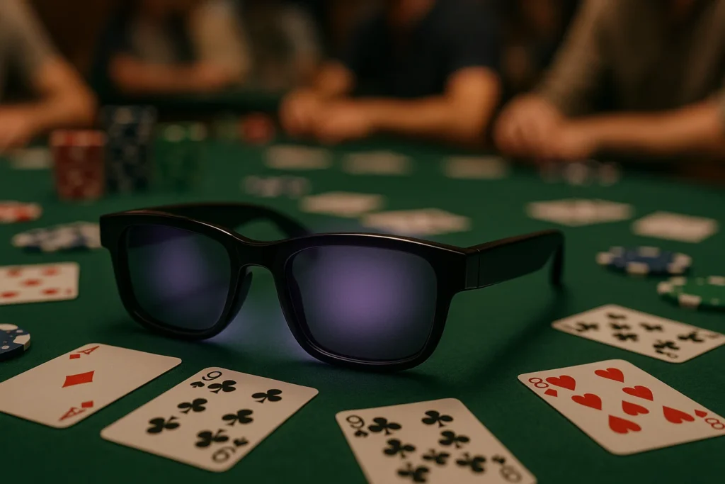 Pahare elegante cu cerneală invizibilă neagră pe o masă de poker, cu cărți de joc și jetoane, evidențiind designul discret pentru jocurile de cărți.