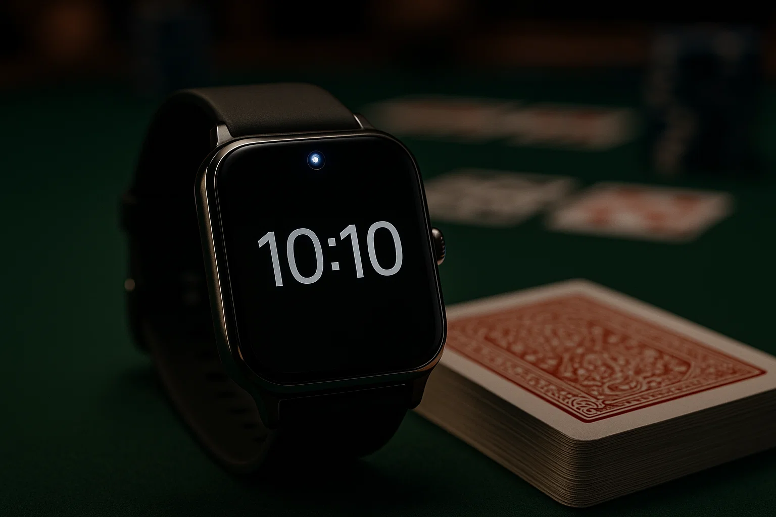 A modern smartwatch with a hidden poker scanning camera placed on a poker table, ready to scan barcode marked cards during a Texas Hold’em game.