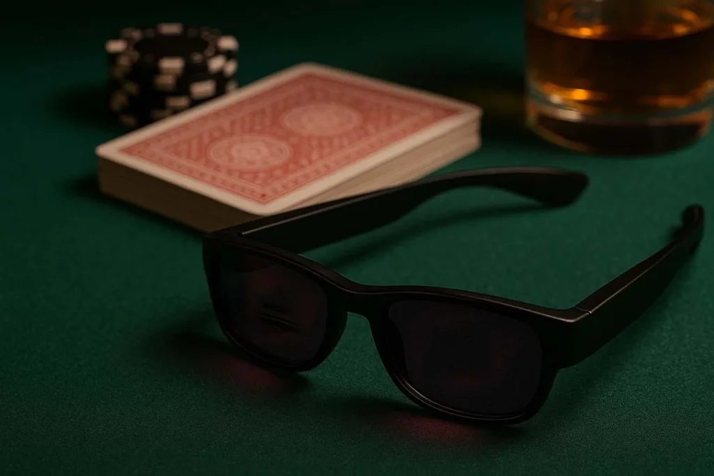 Des lunettes à encre invisible élégantes sur une table de poker, mettant en valeur leur design discret pour lire les cartes marquées.
