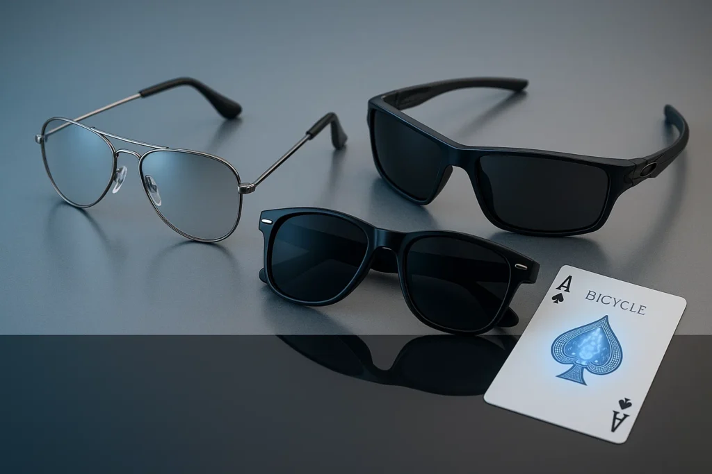 Coleção de óculos estilosos com tinta invisível (estilos Aviator, Ray-Ban, Oakley) exibidos com um card Bicycle marcado.