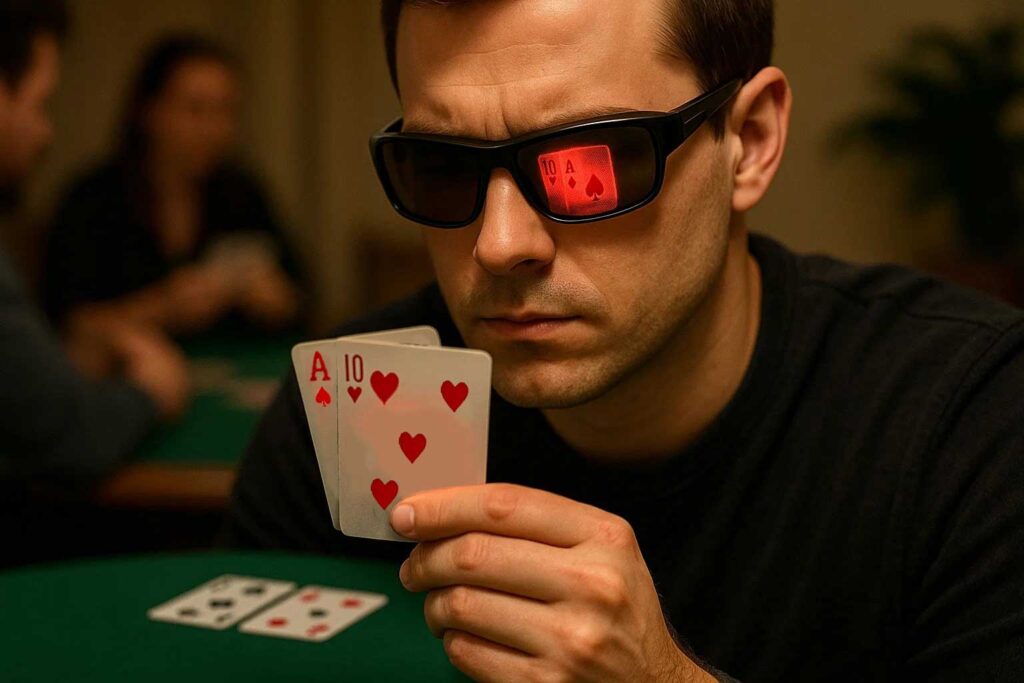 Poker player wearing marked cards sunglasses reading invisible ink markings during a game