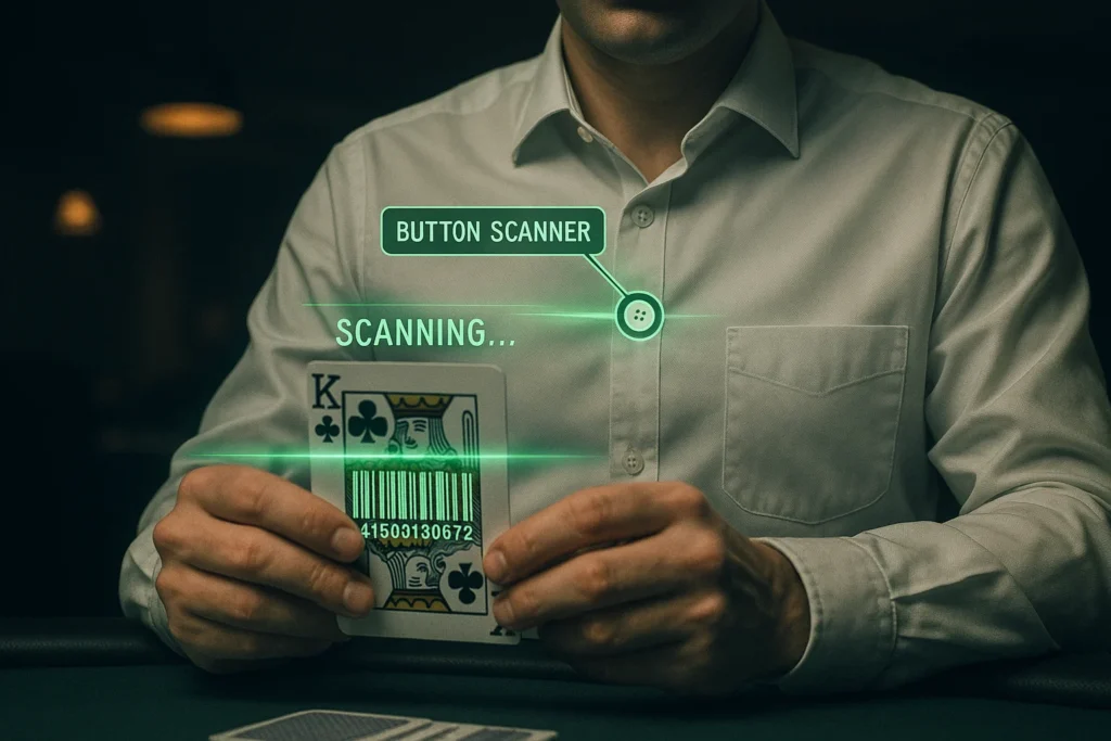 T-Shirt-Button-Poker-Scanner erkennt mit Barcodes markierte Karten während eines Spiels