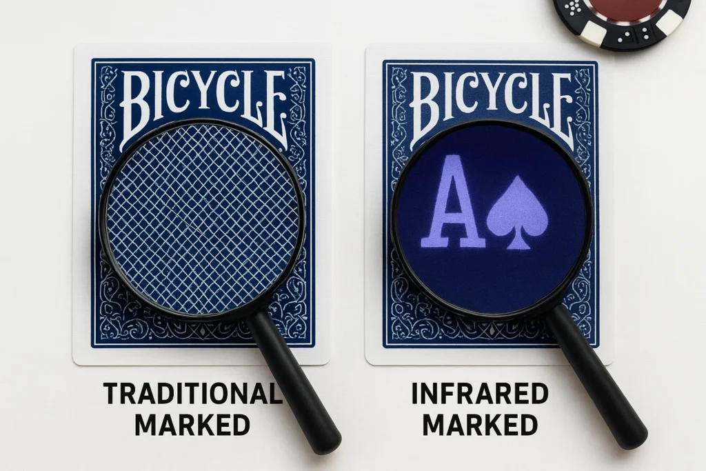 Comparaison d'une carte Bicycle marquée traditionnellement avec des rayures visibles et d'une carte marquée infrarouge avec de l'encre invisible, présentée sous lumière normale et infrarouge.