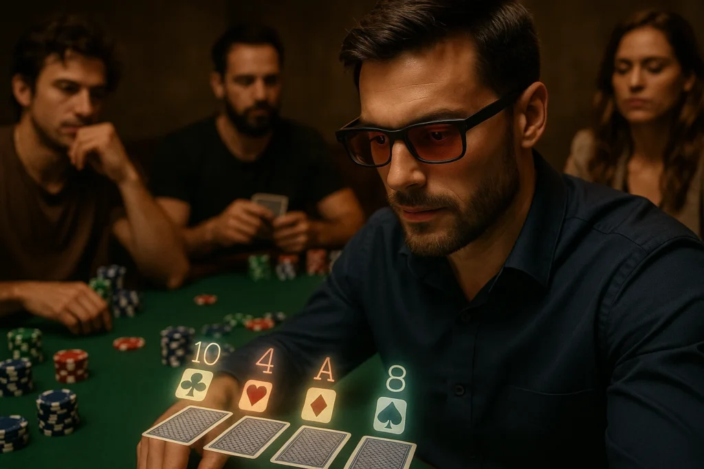 Poker player using infrared glasses to read invisible ink marked cards in Texas Hold’em