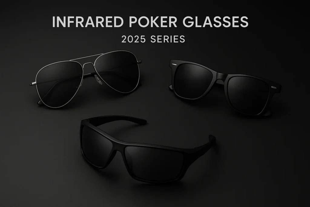 Three pairs of poker glasses (Aviator, Ray-Ban, sporty) with marked playing cards