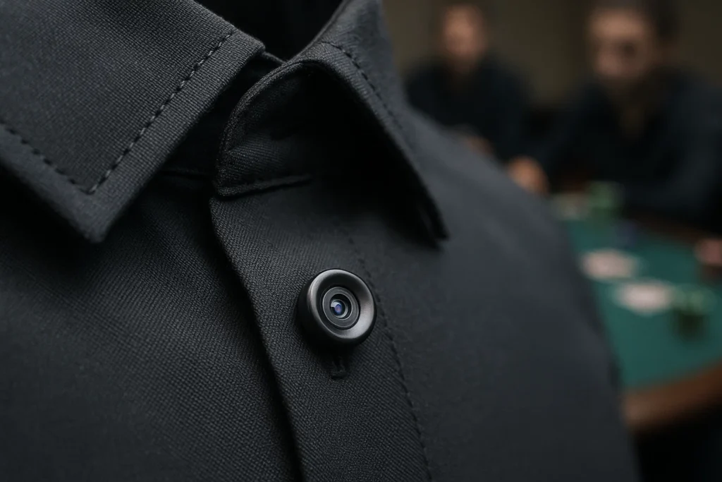 Um close de um botão de camisa com uma câmera de escaneamento de pôquer embutida, projetada para trapaças discretas em jogos de pôquer.
