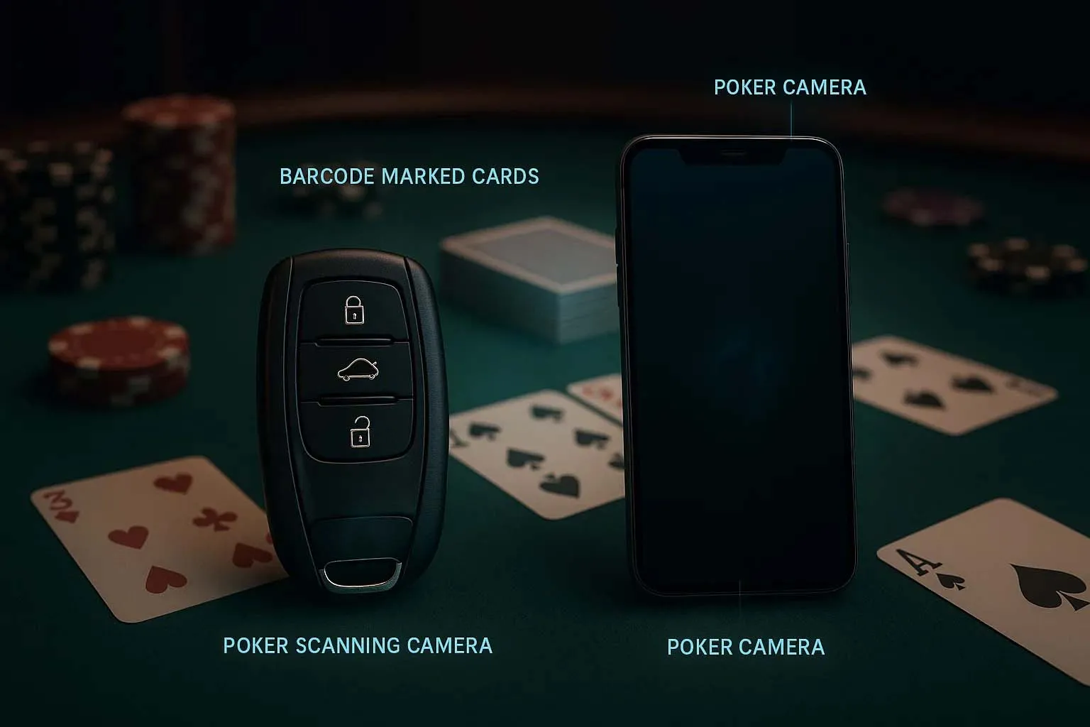O comparație între o cameră wireless de scanare a pokerului ascunsă într-o cheie de mașină și o cameră locală de scanare a pokerului într-un smartphone, plasată pe o masă de poker cu cărți marcate cu coduri de bare.