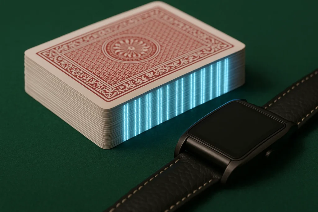 Close-up de cartas marcadas com código de barras usando uma câmera de scanner de pôquer em uma mesa de pôquer.