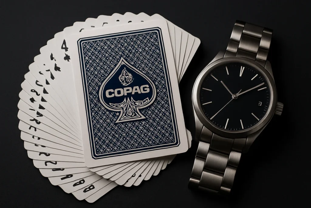 Close-up of Copag barcode marked cards with poker analyzer scanning watch