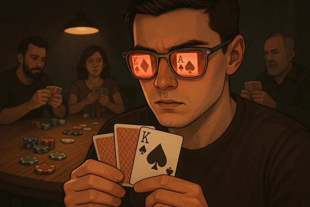 Jugador de póquer principiante que usa gafas de sol infrarrojas, revelando marcas de tinta invisible en las cartas marcadas durante un juego de póquer casual.