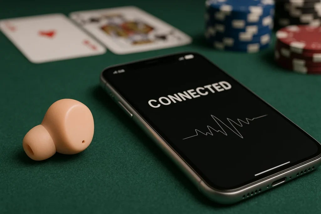 Незаметный Bluetooth-наушник в паре с анализатором победителей в покере для получения результатов в режиме реального времени