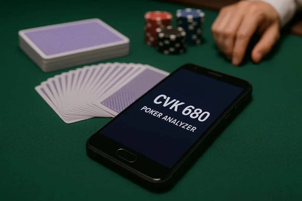 一台造型時尚的 CVK 680 撲克作弊分析儀，類似於現代智慧型手機，放置在撲克桌上，背景是帶有條碼標記的撲克牌。