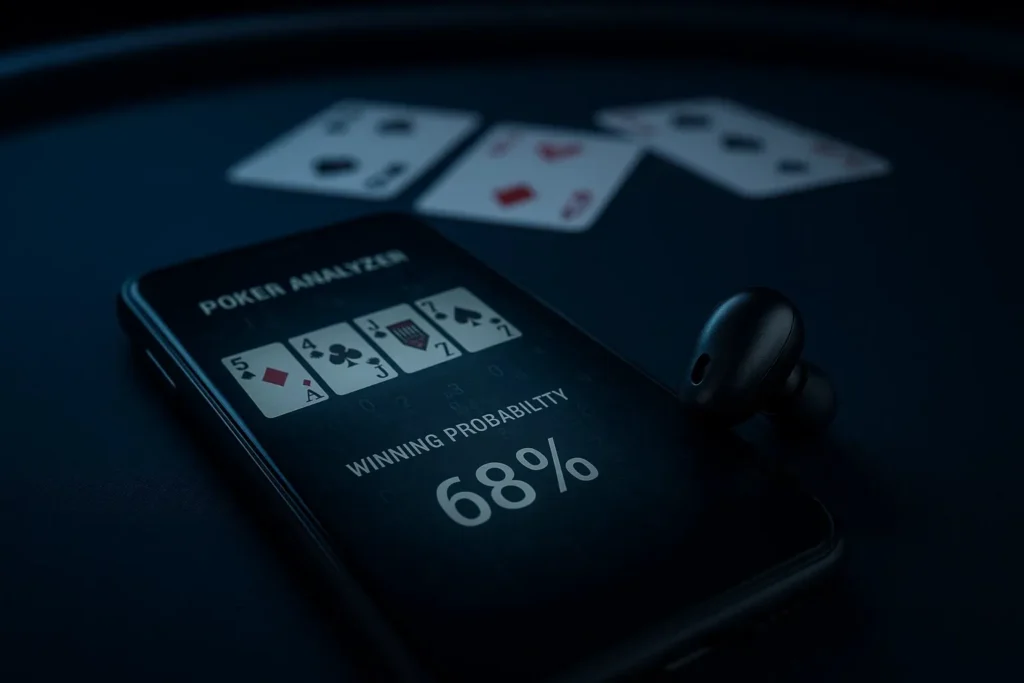 Render pokerového analyzátoru s Bluetooth sluchátky, zdůrazňující diskrétní a bezpečné funkce pro strategickou hru.
