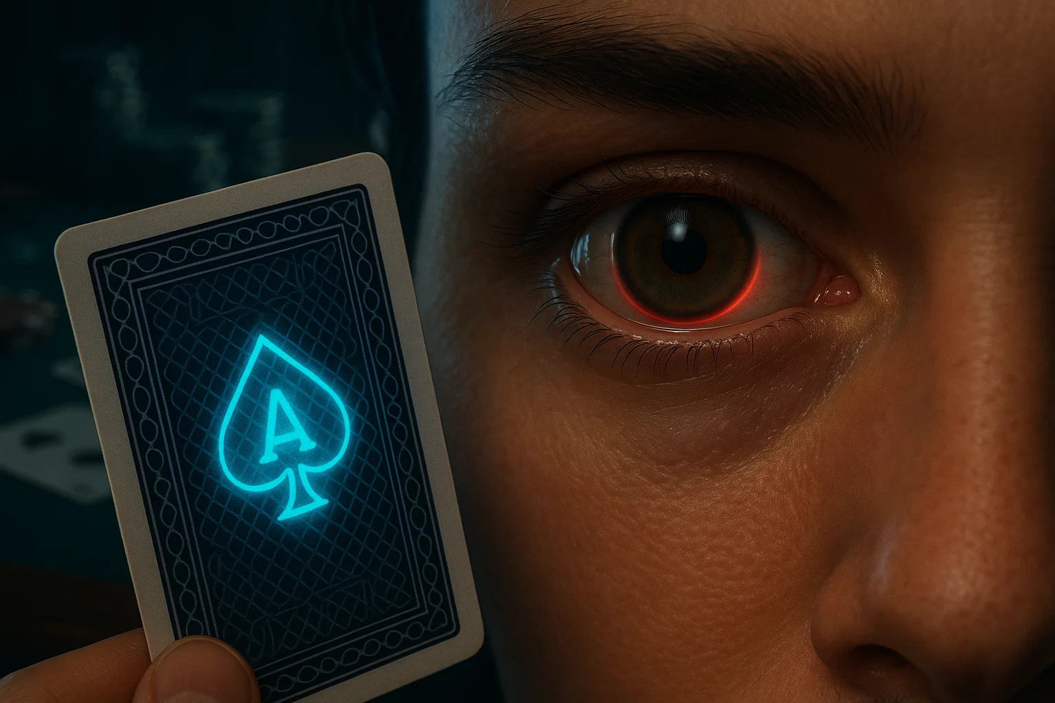 포커 콘택트 렌즈를 착용한 눈의 클로즈업으로 포커 카드에 표시된 보이지 않는 자국이 드러납니다.