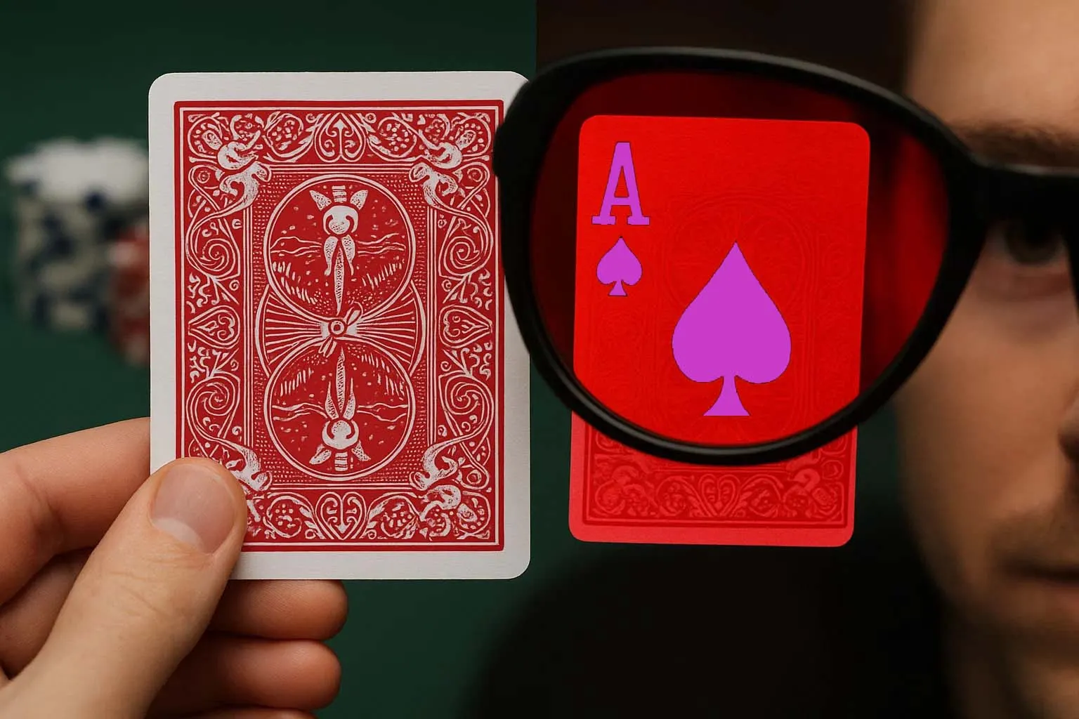 Close-up of infrared sunglasses revealing invisible ink markings on a Bicycle poker card.