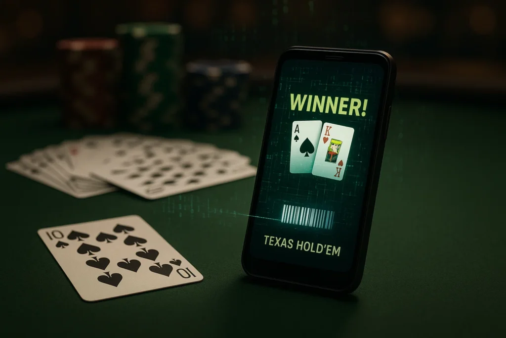 Analisador de pôquer disfarçado de smartphone escaneando cartas marcadas com código de barras em uma mesa de pôquer Texas Hold'em.