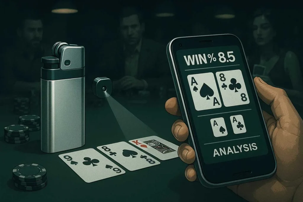 Ilustrace analyzátoru čárových kódů v pokeru skenujícího označené karty během hry Texas Holdem, demonstrující technické výhody.